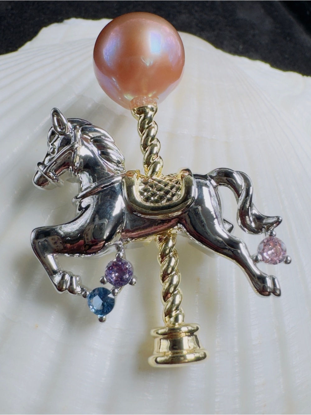 Gold & Silver Carousel Horse Brooch with purple Pearl Accent